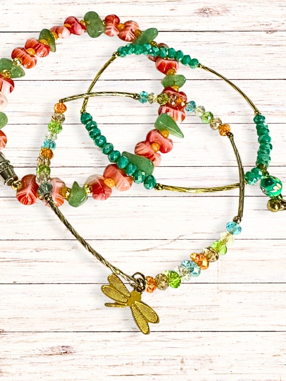 HANDCRAFTED STACKING BRACELET SET 3 Dainty Beaded Stretch Bracelets Green Orange